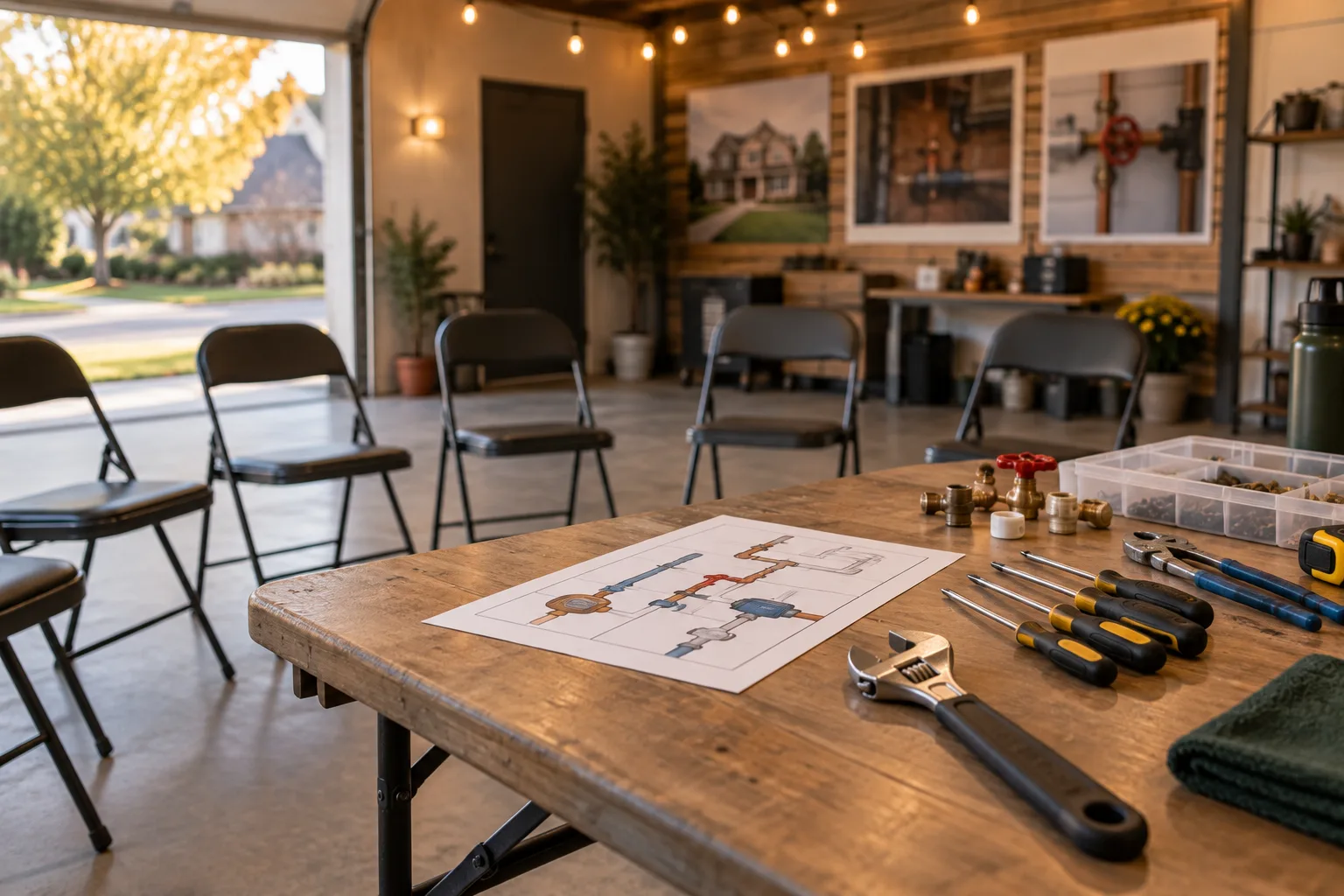 A home-maintenance workshop table with a plumbing diagram, wrench, and screwdrivers laid out, and folding chairs in a garage behind it