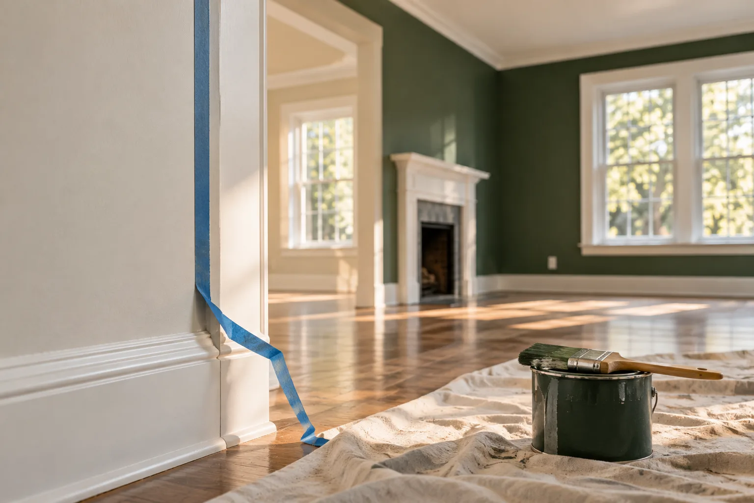 An empty, freshly repainted living room with a green accent wall, blue painter's tape, and a paint can and brush on a drop cloth