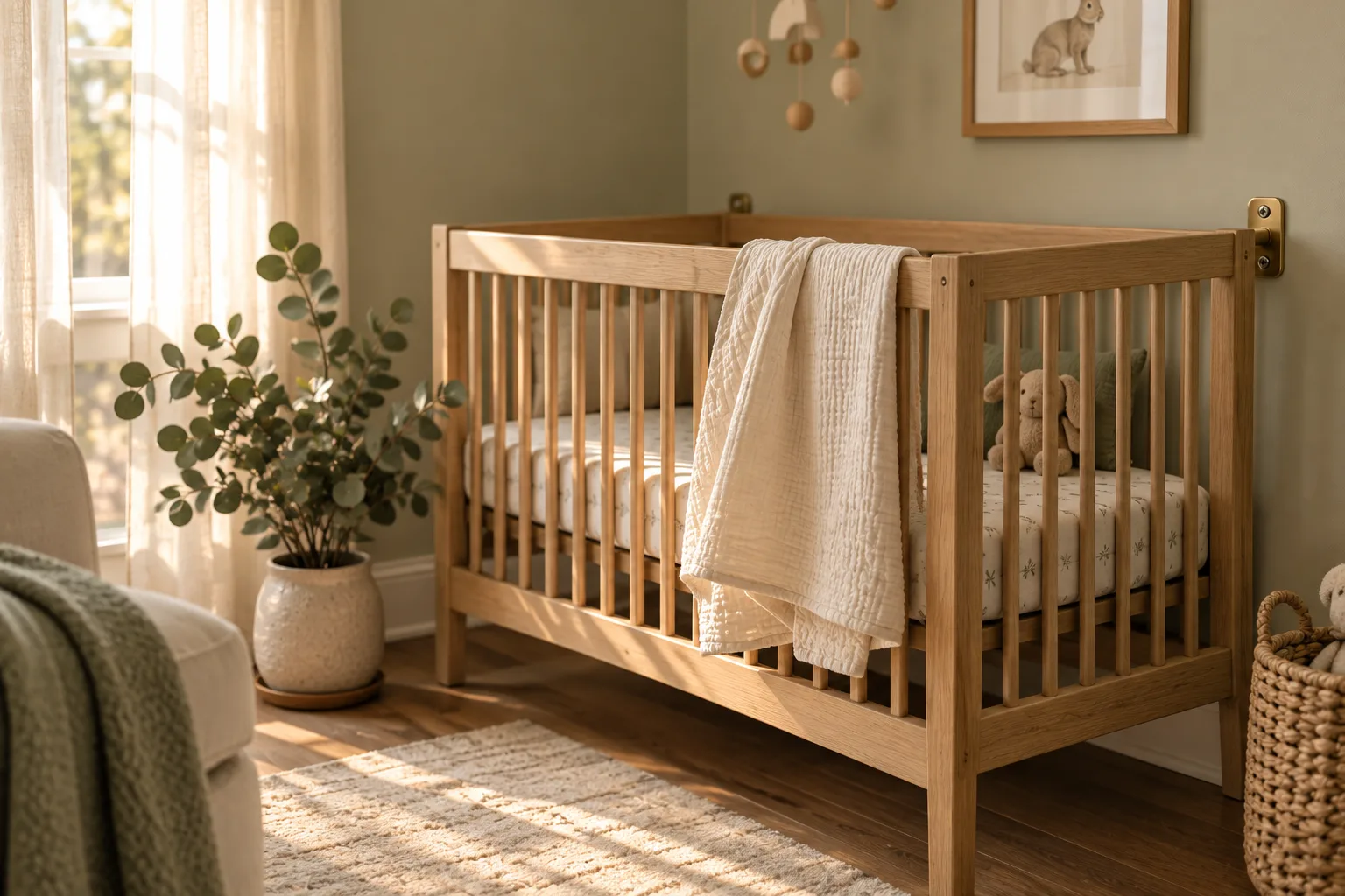 A softly lit nursery corner with a light oak crib, a cream blanket draped over the rail, and a potted eucalyptus